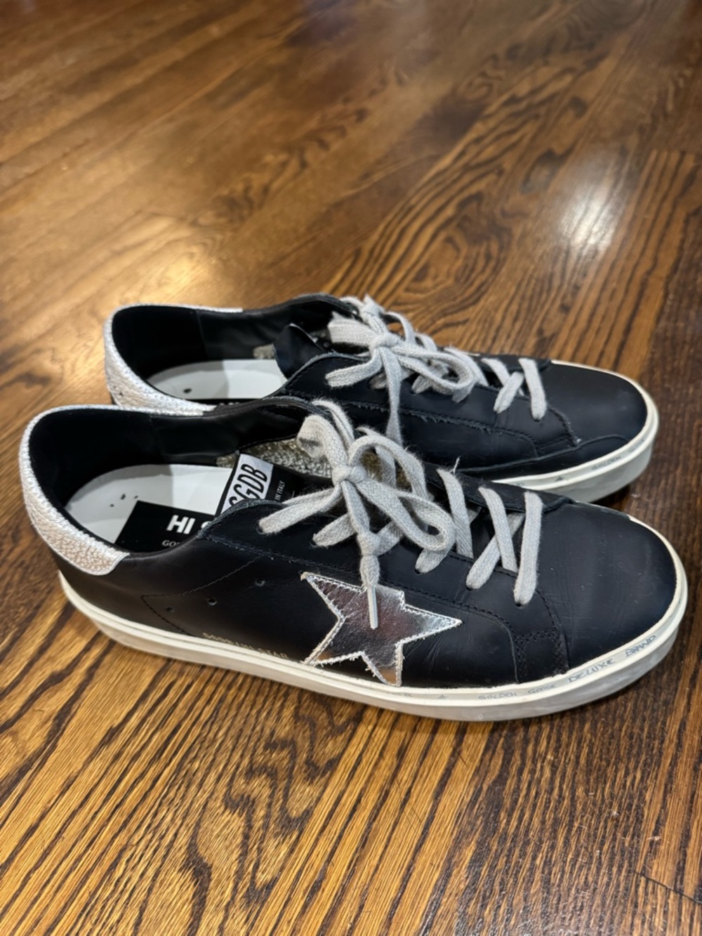 Golden Goose Style Black Leather Star Sneakers with Silver Accents Womens 39